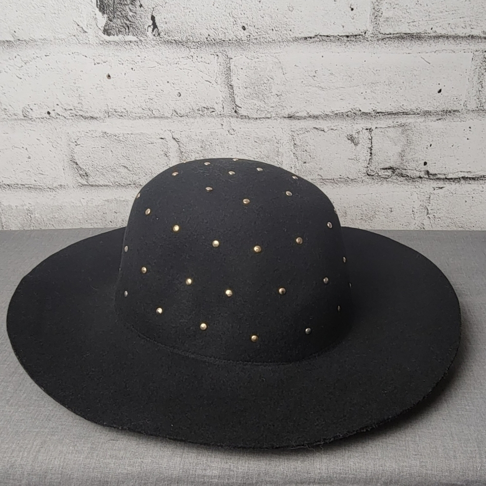 ALDO Black 100% Wool Studded Wide Brim Fedora Gold Detail Hat NWT